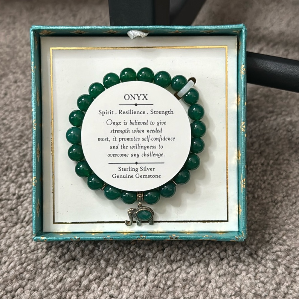Shivam Onyx Green Gemstone Beaded Bracelet Sterling Silver Elephant Charm